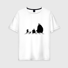 Женская футболка хлопок Oversize с принтом Totoro Beatles в Санкт-Петербурге, 100% хлопок | свободный крой, круглый ворот, спущенный рукав, длина до линии бедер
 | Тематика изображения на принте: abbey road | beatles | forest | friend | ghibli | japan | keeper | miyazaki | music | nature | neigbor | neighbo | rock | totoro | анимация | аниме | битлз | гибли | друг | животные | лес | любовь | милый | мир | миядзаки | музыка | мульт | мультфильм | п