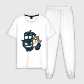 Мужская пижама хлопок с принтом Tardis Totoro в Санкт-Петербурге, 100% хлопок | брюки и футболка прямого кроя, без карманов, на брюках мягкая резинка на поясе и по низу штанин
 | doctor who | forest | friend | ghibli | japan | keeper | miyazaki | nature | neigbor | neighbour | tardis | totoro | анимация | аниме | гибли | доктор кто | друг | животные | кот | лес | любовь | милый | мир | миядзаки | мульт | мультфильм | приключения |