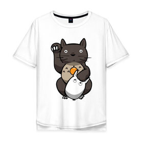 Мужская футболка хлопок Oversize с принтом Totoro Maneki Neko в Санкт-Петербурге, 100% хлопок | свободный крой, круглый ворот, “спинка” длиннее передней части | Тематика изображения на принте: cat | forest | friend | ghibli | japan | keeper | miyazaki | nature | neigbor | neighbour | totoro | анимация | аниме | гибли | друг | животные | кот | котенок | котик | кошка | лес | любовь | милый | мир | миядзаки | мульт | мультфильм