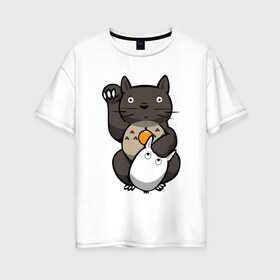 Женская футболка хлопок Oversize с принтом Totoro Maneki Neko в Санкт-Петербурге, 100% хлопок | свободный крой, круглый ворот, спущенный рукав, длина до линии бедер
 | Тематика изображения на принте: cat | forest | friend | ghibli | japan | keeper | miyazaki | nature | neigbor | neighbour | totoro | анимация | аниме | гибли | друг | животные | кот | котенок | котик | кошка | лес | любовь | милый | мир | миядзаки | мульт | мультфильм