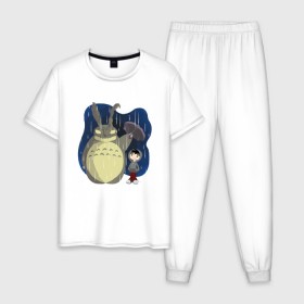 Мужская пижама хлопок с принтом Donnie Totoro в Санкт-Петербурге, 100% хлопок | брюки и футболка прямого кроя, без карманов, на брюках мягкая резинка на поясе и по низу штанин
 | donnie darko | forest | friend | ghibli | japan | keeper | miyazaki | nature | neigbor | neighbour | totoro | анимация | аниме | гибли | донни дарко | друг | животные | лес | любовь | милый | мир | миядзаки | мульт | мультфильм | приключения