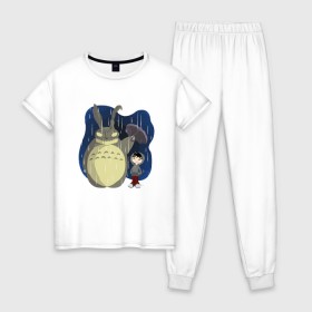 Женская пижама хлопок с принтом Donnie Totoro в Санкт-Петербурге, 100% хлопок | брюки и футболка прямого кроя, без карманов, на брюках мягкая резинка на поясе и по низу штанин | donnie darko | forest | friend | ghibli | japan | keeper | miyazaki | nature | neigbor | neighbour | totoro | анимация | аниме | гибли | донни дарко | друг | животные | лес | любовь | милый | мир | миядзаки | мульт | мультфильм | приключения