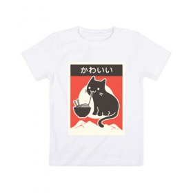 Детская футболка хлопок с принтом Котик и рамен в Санкт-Петербурге, 100% хлопок | круглый вырез горловины, полуприлегающий силуэт, длина до линии бедер | food | kawai | kawaii | аниме | еда | кавай | китайская | корейская | кот | рамен | японская