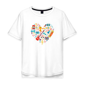 Мужская футболка хлопок Oversize с принтом Музыкальное Сердце в Санкт-Петербурге, 100% хлопок | свободный крой, круглый ворот, “спинка” длиннее передней части | музыка | музыкальное сердце | музыкальные инструменты | рисунок | сердце