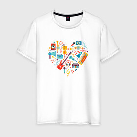 Мужская футболка хлопок с принтом Музыкальное Сердце в Санкт-Петербурге, 100% хлопок | прямой крой, круглый вырез горловины, длина до линии бедер, слегка спущенное плечо. | Тематика изображения на принте: музыка | музыкальное сердце | музыкальные инструменты | рисунок | сердце