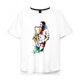 Мужская футболка хлопок Oversize с принтом Джаз в Санкт-Петербурге, 100% хлопок | свободный крой, круглый ворот, “спинка” длиннее передней части | акварель | джаз | краски | музыка | музыкант | рисунок | саксофон | человек
