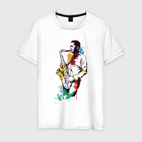 Мужская футболка хлопок с принтом Джаз в Санкт-Петербурге, 100% хлопок | прямой крой, круглый вырез горловины, длина до линии бедер, слегка спущенное плечо. | акварель | джаз | краски | музыка | музыкант | рисунок | саксофон | человек