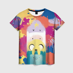 Женская футболка 3D с принтом Adventure Time в Санкт-Петербурге, 100% полиэфир ( синтетическое хлопкоподобное полотно) | прямой крой, круглый вырез горловины, длина до линии бедер | adventure time | dsgnosadchaya | vdosadir | бимо | время приключений | джейк | пендлтон уорд | пупырка | финн