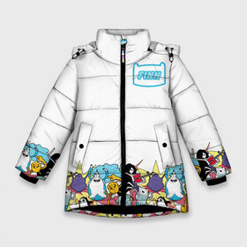 Зимняя куртка для девочек 3D с принтом Finn Adventure Time в Санкт-Петербурге, ткань верха — 100% полиэстер; подклад — 100% полиэстер, утеплитель — 100% полиэстер. | длина ниже бедра, удлиненная спинка, воротник стойка и отстегивающийся капюшон. Есть боковые карманы с листочкой на кнопках, утяжки по низу изделия и внутренний карман на молнии. 

Предусмотрены светоотражающий принт на спинке, радужный светоотражающий элемент на пуллере молнии и на резинке для утяжки. | adventure time | dsgnosadchaya | vdosadir | бимо | время приключений | гантер | джейк | марселин | пендлтон уорд | пупырка | снежный король | финн