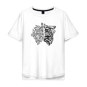 Мужская футболка хлопок Oversize с принтом Дыхание Смерти в Санкт-Петербурге, 100% хлопок | свободный крой, круглый ворот, “спинка” длиннее передней части | Тематика изображения на принте: кости | ребра | цветы
