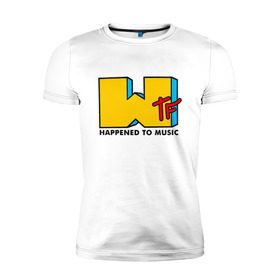 Мужская футболка премиум с принтом WTF happened to music в Санкт-Петербурге, 92% хлопок, 8% лайкра | приталенный силуэт, круглый вырез ворота, длина до линии бедра, короткий рукав | mtv | music | tv | wtf | логотип | музыка | тв