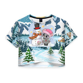 Женская футболка Cropp-top с принтом Милая мышка со снеговиком в Санкт-Петербурге, 100% полиэстер | круглая горловина, длина футболки до линии талии, рукава с отворотами | 2020 | mouse | rat | годкрысы | годмыши | зима | зимняя | крыса | мороз | мышка | мышь | новогодняя | новый год | новый год 2020 | рождество | симолгода | снег | холод