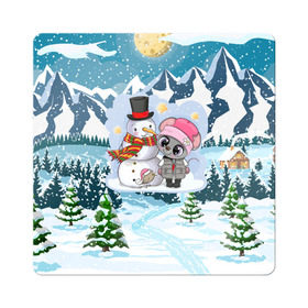 Магнит виниловый Квадрат с принтом Милая мышка со снеговиком в Санкт-Петербурге, полимерный материал с магнитным слоем | размер 9*9 см, закругленные углы | 2020 | mouse | rat | годкрысы | годмыши | зима | зимняя | крыса | мороз | мышка | мышь | новогодняя | новый год | новый год 2020 | рождество | симолгода | снег | холод