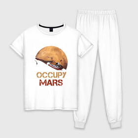 Женская пижама хлопок с принтом Захватить Марс в Санкт-Петербурге, 100% хлопок | брюки и футболка прямого кроя, без карманов, на брюках мягкая резинка на поясе и по низу штанин | Тематика изображения на принте: earth | mars | moon | nasa | red | space | астронавт | гагарин | земля | инопланетянин | комета | космонавт | космос | красный | луна | марс | марсианин | мереорит | наса | нло | планета | пришелец | ракета | солнце
