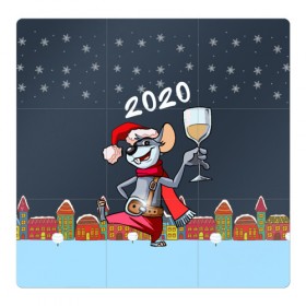 Магнитный плакат 3Х3 с принтом Мышонок с шампанским в Санкт-Петербурге, Полимерный материал с магнитным слоем | 9 деталей размером 9*9 см | 2020 | mouse | rat | годкрысы | годмыши | зима | зимняя | крыса | мороз | мышка | мышь | новогодняя | новый год | новый год 2020 | рождество | симолгода | снег | холод