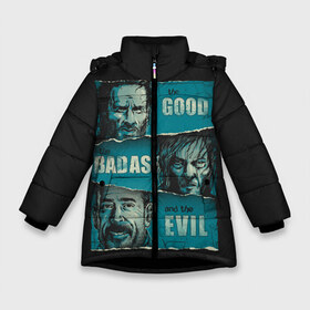 Зимняя куртка для девочек 3D с принтом Good Badass Evil в Санкт-Петербурге, ткань верха — 100% полиэстер; подклад — 100% полиэстер, утеплитель — 100% полиэстер. | длина ниже бедра, удлиненная спинка, воротник стойка и отстегивающийся капюшон. Есть боковые карманы с листочкой на кнопках, утяжки по низу изделия и внутренний карман на молнии. 

Предусмотрены светоотражающий принт на спинке, радужный светоотражающий элемент на пуллере молнии и на резинке для утяжки. | Тематика изображения на принте: amc | carol | daryl | dixon | michonne | negan | reaction | rick | season 10 | twd | zombies | диксон | дэрил | зомби | мертвецы | мишонн | неган | реакция | рик | ходячие