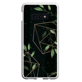 Чехол для Samsung S10E с принтом Геометрия в природе в Санкт-Петербурге, Силикон | Область печати: задняя сторона чехла, без боковых панелей | абстрактное | белое | ветви | ветвь | ветка | геометрические фигуры | желтое | зелёное | капли | листок | листья | природа | точки | чёрное