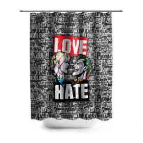 Штора 3D для ванной с принтом Love Hate в Санкт-Петербурге, 100% полиэстер | плотность материала — 100 г/м2. Стандартный размер — 146 см х 180 см. По верхнему краю — пластиковые люверсы для креплений. В комплекте 10 пластиковых колец | harleen quinzel | harley | harley quin | harley quinn | joker | shtatharley | джокер | харли квин | харли квинн | харли куин | харли куинн | харлин квинзель