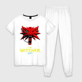 Женская пижама хлопок с принтом Witcher 2077 в Санкт-Петербурге, 100% хлопок | брюки и футболка прямого кроя, без карманов, на брюках мягкая резинка на поясе и по низу штанин | 