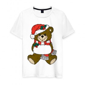 Мужская футболка хлопок с принтом Рождественский Мишка в Санкт-Петербурге, 100% хлопок | прямой крой, круглый вырез горловины, длина до линии бедер, слегка спущенное плечо. | 