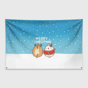 Флаг-баннер с принтом Molang Merry Christmas в Санкт-Петербурге, 100% полиэстер | размер 67 х 109 см, плотность ткани — 95 г/м2; по краям флага есть четыре люверса для крепления | chicken | christmas | deer | korea | molang | newyear | piupiu | rabbit | smow | snowflakes | winter | год | зима | корея | кролик | моланг | новый | олень | пиу | рождество | снег | снежинка