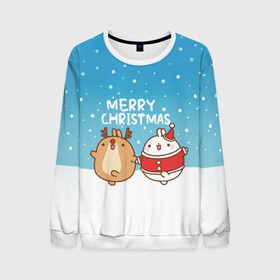 Мужской свитшот 3D с принтом Molang. Merry Christmas в Санкт-Петербурге, 100% полиэстер с мягким внутренним слоем | круглый вырез горловины, мягкая резинка на манжетах и поясе, свободная посадка по фигуре | chicken | christmas | deer | korea | molang | newyear | piupiu | rabbit | smow | snowflakes | winter | год | зима | корея | кролик | моланг | новый | олень | пиу | рождество | снег | снежинка