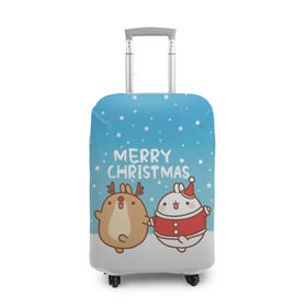 Чехол для чемодана 3D с принтом Molang. Merry Christmas в Санкт-Петербурге, 86% полиэфир, 14% спандекс | двустороннее нанесение принта, прорези для ручек и колес | chicken | christmas | deer | korea | molang | newyear | piupiu | rabbit | smow | snowflakes | winter | год | зима | корея | кролик | моланг | новый | олень | пиу | рождество | снег | снежинка