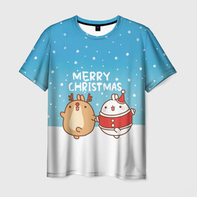 Мужская футболка 3D с принтом Molang. Merry Christmas в Санкт-Петербурге, 100% полиэфир | прямой крой, круглый вырез горловины, длина до линии бедер | chicken | christmas | deer | korea | molang | newyear | piupiu | rabbit | smow | snowflakes | winter | год | зима | корея | кролик | моланг | новый | олень | пиу | рождество | снег | снежинка