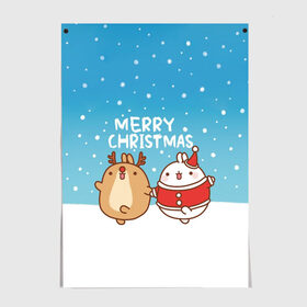 Постер с принтом Molang. Merry Christmas в Санкт-Петербурге, 100% бумага
 | бумага, плотность 150 мг. Матовая, но за счет высокого коэффициента гладкости имеет небольшой блеск и дает на свету блики, но в отличии от глянцевой бумаги не покрыта лаком | chicken | christmas | deer | korea | molang | newyear | piupiu | rabbit | smow | snowflakes | winter | год | зима | корея | кролик | моланг | новый | олень | пиу | рождество | снег | снежинка
