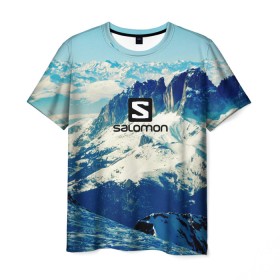 Мужская футболка 3D с принтом SALOMON в Санкт-Петербурге, 100% полиэфир | прямой крой, круглый вырез горловины, длина до линии бедер | Тематика изображения на принте: salomon | горы | снег | спорт