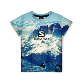 Детская футболка 3D с принтом SALOMON в Санкт-Петербурге, 100% гипоаллергенный полиэфир | прямой крой, круглый вырез горловины, длина до линии бедер, чуть спущенное плечо, ткань немного тянется | salomon | горы | снег | спорт