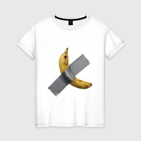 Женская футболка хлопок с принтом  Банан за 120 тысяч долларов в Санкт-Петербурге, 100% хлопок | прямой крой, круглый вырез горловины, длина до линии бедер, слегка спущенное плечо | art basel | banan | mem | memas | meme | мем | мемас | мемчик