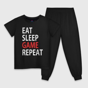 Детская пижама хлопок с принтом Eat sleep game repeat в Санкт-Петербурге, 100% хлопок |  брюки и футболка прямого кроя, без карманов, на брюках мягкая резинка на поясе и по низу штанин
 | Тематика изображения на принте: bf | cod | cs go | dota 2 | eat sleep game repert | esgr | gamer | games | lol | mem | memes | pc | ps3 | ps4 | wow | xbox | ешь спи играй повтори | игра | игрок | игры | мем | мемы