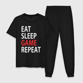 Мужская пижама хлопок с принтом Eat sleep game repeat в Санкт-Петербурге, 100% хлопок | брюки и футболка прямого кроя, без карманов, на брюках мягкая резинка на поясе и по низу штанин
 | Тематика изображения на принте: bf | cod | cs go | dota 2 | eat sleep game repert | esgr | gamer | games | lol | mem | memes | pc | ps3 | ps4 | wow | xbox | ешь спи играй повтори | игра | игрок | игры | мем | мемы
