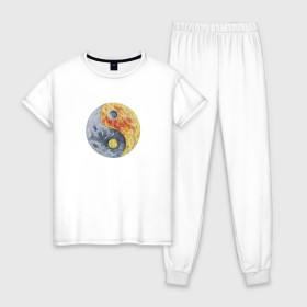 Женская пижама хлопок с принтом Луна (Инь-Янь) в Санкт-Петербурге, 100% хлопок | брюки и футболка прямого кроя, без карманов, на брюках мягкая резинка на поясе и по низу штанин | инь янь | китайская культура | луна | планета | рисунок | фэншуй