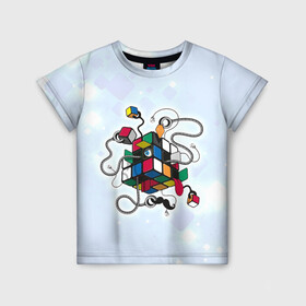 Детская футболка 3D с принтом Кубик Рубика в Санкт-Петербурге, 100% гипоаллергенный полиэфир | прямой крой, круглый вырез горловины, длина до линии бедер, чуть спущенное плечо, ткань немного тянется | mathematica | кубик | магия. формулы | математика | наука | рубика | соберись | технарь