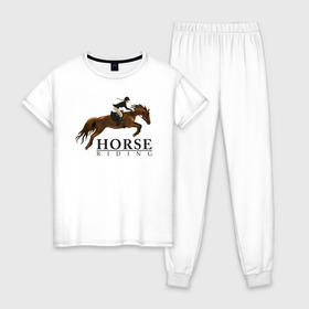 Женская пижама хлопок с принтом HORSE RIDING в Санкт-Петербурге, 100% хлопок | брюки и футболка прямого кроя, без карманов, на брюках мягкая резинка на поясе и по низу штанин | животные | конный спорт | конь | лошадь | наездник | спорт | стикер