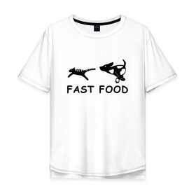 Мужская футболка хлопок Oversize с принтом Fast food (черный) в Санкт-Петербурге, 100% хлопок | свободный крой, круглый ворот, “спинка” длиннее передней части | fast food | бег | быстрая еда | быстро | догнать | домашние животные | животные | забавные животные | кот | кот и пес | кошка | ловить | любителю собак | пес | преследовать | прикол | смешное