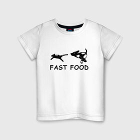 Детская футболка хлопок с принтом Fast food (черный) в Санкт-Петербурге, 100% хлопок | круглый вырез горловины, полуприлегающий силуэт, длина до линии бедер | fast food | бег | быстрая еда | быстро | догнать | домашние животные | животные | забавные животные | кот | кот и пес | кошка | ловить | любителю собак | пес | преследовать | прикол | смешное
