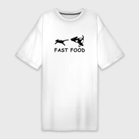 Платье-футболка хлопок с принтом Fast food в Санкт-Петербурге,  |  | fast food | бег | быстрая еда | быстро | догнать | домашние животные | животные | забавные животные | кот | кот и пес | кошка | ловить | любителю собак | пес | преследовать | прикол | смешное