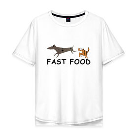 Мужская футболка хлопок Oversize с принтом Fast food (цвет) в Санкт-Петербурге, 100% хлопок | свободный крой, круглый ворот, “спинка” длиннее передней части | fast food | бег | быстрая еда | быстро | догнать | домашние животные | животные | забавные животные | кот | кот и пес | кошка | кошка бежит | кошка и собака | ловить | любителю кошек | пес | преследовать