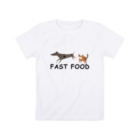 Детская футболка хлопок с принтом Fast food (цвет) в Санкт-Петербурге, 100% хлопок | круглый вырез горловины, полуприлегающий силуэт, длина до линии бедер | Тематика изображения на принте: fast food | бег | быстрая еда | быстро | догнать | домашние животные | животные | забавные животные | кот | кот и пес | кошка | кошка бежит | кошка и собака | ловить | любителю кошек | пес | преследовать