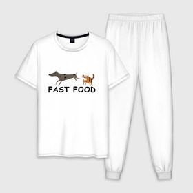 Мужская пижама хлопок с принтом Fast food (цвет) в Санкт-Петербурге, 100% хлопок | брюки и футболка прямого кроя, без карманов, на брюках мягкая резинка на поясе и по низу штанин
 | fast food | бег | быстрая еда | быстро | догнать | домашние животные | животные | забавные животные | кот | кот и пес | кошка | кошка бежит | кошка и собака | ловить | любителю кошек | пес | преследовать