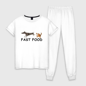 Женская пижама хлопок с принтом Fast food (цвет) в Санкт-Петербурге, 100% хлопок | брюки и футболка прямого кроя, без карманов, на брюках мягкая резинка на поясе и по низу штанин | fast food | бег | быстрая еда | быстро | догнать | домашние животные | животные | забавные животные | кот | кот и пес | кошка | кошка бежит | кошка и собака | ловить | любителю кошек | пес | преследовать