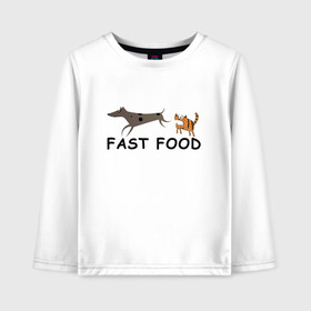 Детский лонгслив хлопок с принтом Fast food (цвет) в Санкт-Петербурге, 100% хлопок | круглый вырез горловины, полуприлегающий силуэт, длина до линии бедер | fast food | бег | быстрая еда | быстро | догнать | домашние животные | животные | забавные животные | кот | кот и пес | кошка | кошка бежит | кошка и собака | ловить | любителю кошек | пес | преследовать