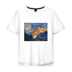 Мужская футболка хлопок Oversize с принтом Звёздная ночь и коты в Санкт-Петербурге, 100% хлопок | свободный крой, круглый ворот, “спинка” длиннее передней части | арт | ван гог | животные | звёздная ночь | искусство | картина | котик | коты | кошка | мем | прикол | смешная картинка | юмор