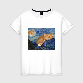 Женская футболка хлопок с принтом Звёздная ночь и коты в Санкт-Петербурге, 100% хлопок | прямой крой, круглый вырез горловины, длина до линии бедер, слегка спущенное плечо | арт | ван гог | животные | звёздная ночь | искусство | картина | котик | коты | кошка | мем | прикол | смешная картинка | юмор