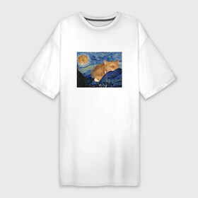 Платье-футболка хлопок с принтом Звёздная ночь и коты в Санкт-Петербурге,  |  | арт | ван гог | животные | звёздная ночь | искусство | картина | котик | коты | кошка | мем | прикол | смешная картинка | юмор