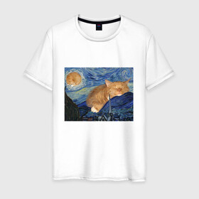 Мужская футболка хлопок с принтом Звёздная ночь и коты в Санкт-Петербурге, 100% хлопок | прямой крой, круглый вырез горловины, длина до линии бедер, слегка спущенное плечо. | арт | ван гог | животные | звёздная ночь | искусство | картина | котик | коты | кошка | мем | прикол | смешная картинка | юмор