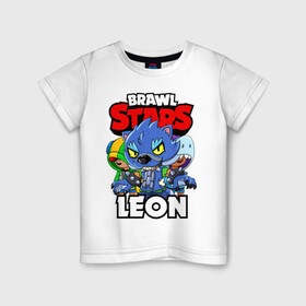 Детская футболка хлопок с принтом BRAWL STARS LEON в Санкт-Петербурге, 100% хлопок | круглый вырез горловины, полуприлегающий силуэт, длина до линии бедер | brawl stars | brawl stars leon | brawler | leon | shark | werewolf | акула | бравл старз | бравлер | леон | оборотень